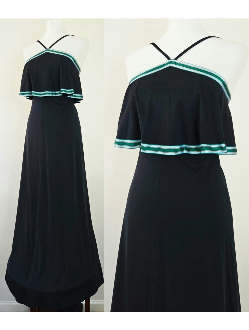 Vintage 70s Leslie J Halter Flounce Blouson Overlay maxi Dress Black XS Nautical